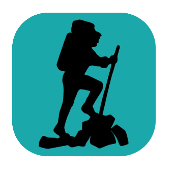 Hiking Suggest Logo: Silhouette of a hiker with a backpack and walking stick, standing on rocky terrain, set against a teal background.